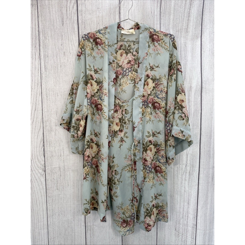 Victoria's Secret Slip Nightgown Robe Set MEDIUM Blue Floral Intimate 90 Vintage